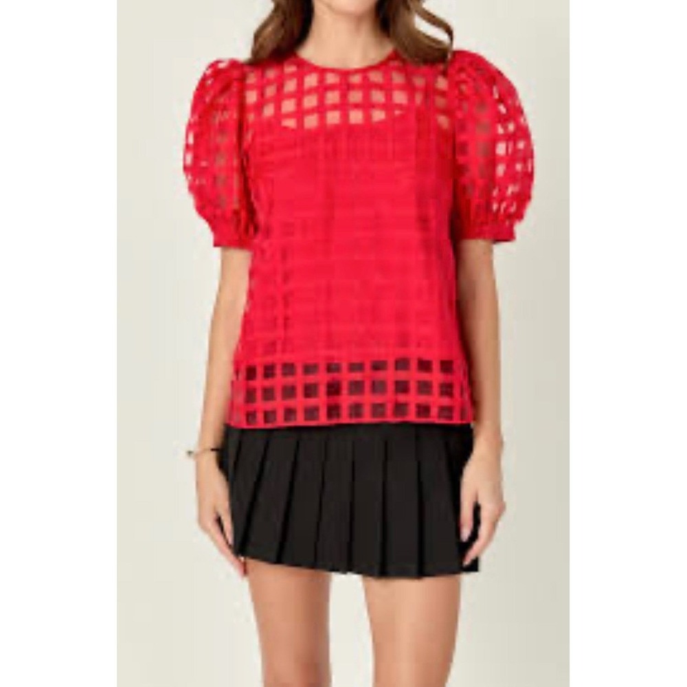 Red Puff Sleeve Grid-Pattern Top - Picture 4 of 11